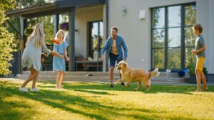 family playing on a lawn